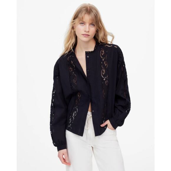 Madewell Lace-Inset Pintucked Button-Up Top L Black Long Sleeve Crew Neck Eyelet - Picture 1 of 8
